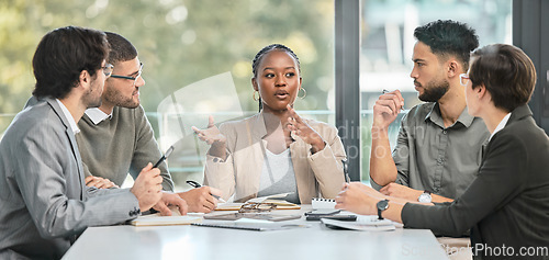 Image of Business meeting, conversation and company strategy with diversity and communication. Corporate, management conversation and planning of a training team in workshop with teamwork and collaboration