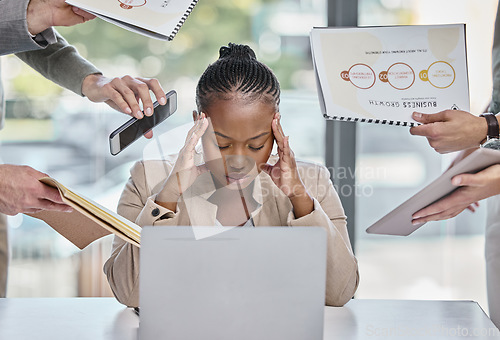 Image of Business woman, overwhelmed and busy with headache, stress and laptop with chaos, project and schedule. Team, businesswoman and man with pc, anxiety or hands in office with noise, pressure or target