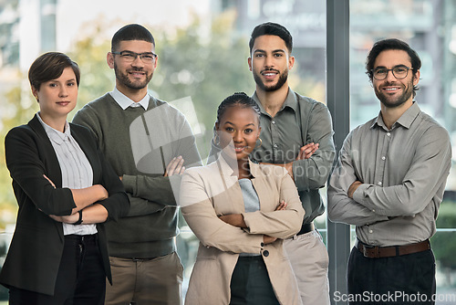 Image of Happy, diversity or portrait of business people with arms crossed or confidence in a startup company. Team, managers or proud employees smiling with leadership or group support for growth in office