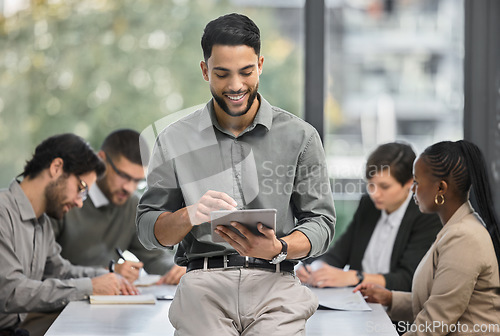 Image of CEO, happy or businessman with tablet in meeting in startup company for networking online. Boss, manager or employee with smile or digital technology for statistics data analysis or growth in office
