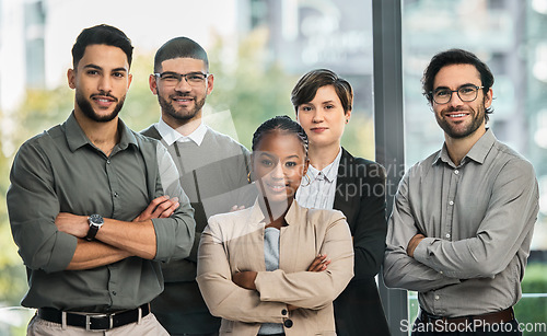 Image of Confident, diversity or portrait of business people with arms crossed or confidence in startup company. Team, managers or proud employees smiling with leadership or group support for growth in office