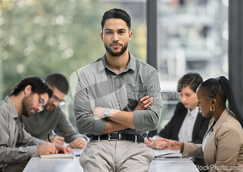 Image of CEO, confident or portrait of businessman with arms crossed or confidence in a startup company. Boss, manager or proud employee with leadership or leadership in meeting for growth in a office job