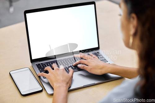 Image of Screen mockup, laptop and woman hands typing with computer information and research. Office, employee and desk with technology writing and working on the internet with web info for writer work