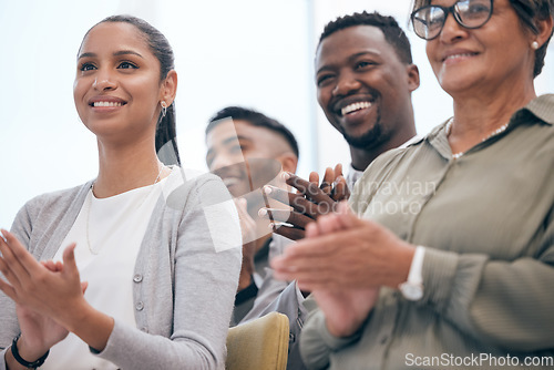 Image of Diversity, businesspeople clapping their hands and happy in a conference room at their workplace. Success or achievement, workshop and happy colleagues with congratulations gesture in a boardroom