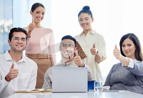 Image of Thumbs up, success and business people in portrait for news on laptop, thank you and teamwork or like, yes and okay hands. Happy staff, women or men in support, winning or subscribe emoji on computer