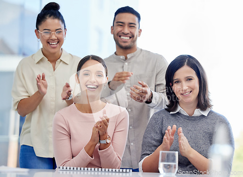 Image of Clapping, group portrait and business people for success, winning and cheers, yes or celebration, congratulations and thank you. Happy face, applause and women or man celebrate and support in meeting