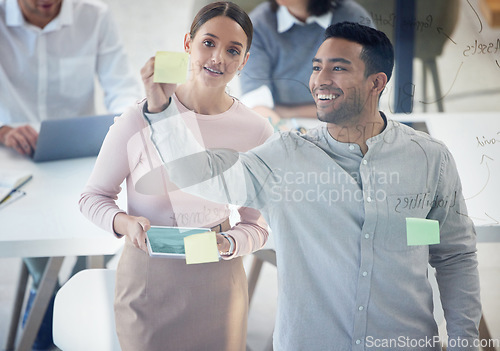 Image of Writing, planning and business people on glass board brainstorming, collaboration and teamwork for startup. Project ideas, creative workflow and team work of man and woman with sticky notes in office