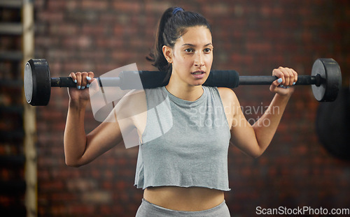 Image of Barbell, exercise and woman in fitness gym for workout, training and challenge to be fit, strong and healthy. Girl, bodybuilding and fit athlete building muscle or power in sports, club or class