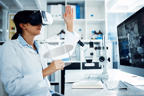 Image of Woman, scientist and VR goggles with computer screen, science innovation in lab and futuristic tech with metaverse. Virtual reality, digital data and UX with scientific experiment and female doctor