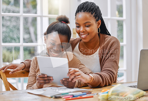 Image of Home, black mother and girl with a tablet, learning or typing with website information, connection or education. Parent, female kid or mama with daughter, child development or remote school with tech