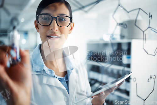 Image of Woman, scientist and glass board, equation and formula with problem solving and scientific study in lab. Female doctor writing with tablet, chemistry and science innovation with medical research