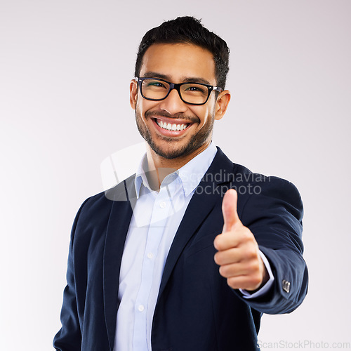 Image of Smile, glasses and thumbs up by businessman happy and accept vision isolated against a white studio background. Corporate, employee and portrait of an entrepreneur showing thank you sign as agreement