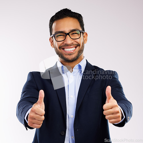 Image of Accept, glasses and portrait of business man happy in agreement with vision and isolated in a white studio background. Corporate, employee and portrait of entrepreneur with yes or thank you gesture