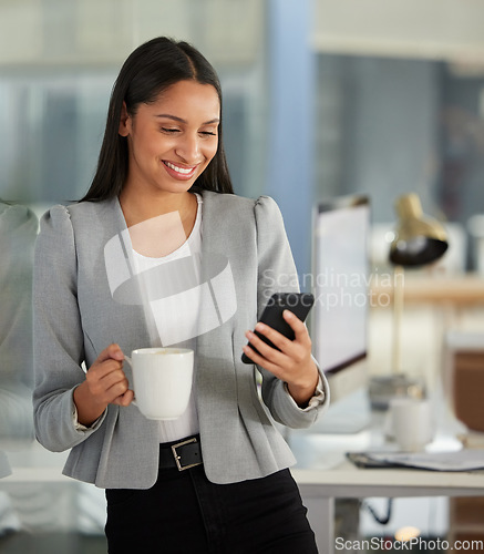 Image of Phone, coffee and business woman reading online, email communication or chat for HR or corporate networking. Professional worker, Human Resources employee or african person on mobile app in office