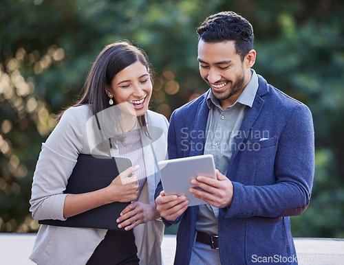 Image of Business people, team laughing and tablet outdoor with internet connection for social media. A happy man and woman together in a city with tech for networking, funny communication or online meme app