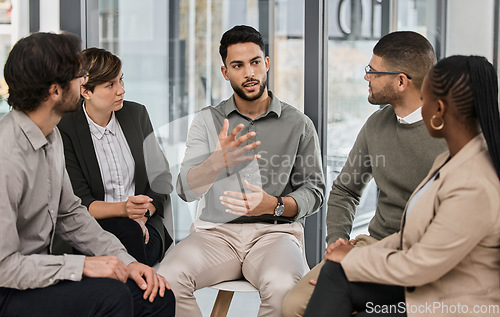 Image of Business meeting, conversation and company strategy with diversity and communication. Corporate, management seminar and planning of a training team in workshop with teamwork and project collaboration