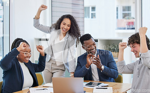 Image of Fist pump, success and winner with business people in office for celebration, achievement and teamwork. Wow, meeting and motivation with excited employees for target, goals and congratulations