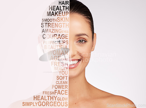 Image of Beauty, makeup and text overlay with portrait of woman for cosmetics, natural and letter. Happy, mockup space and self care with face of female model on white background for glow, health and spa