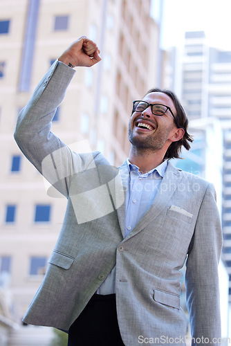 Image of Success, happy businessman and in the city background walking. Good news or happiness, celebration or achievement and excited or cheerful man walk in urban streets smiling for health wellness