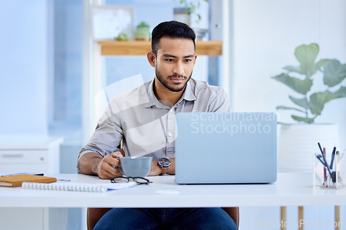 Image of Coffee, businessman with laptop and at his desk in a office at workplace. Project management planning or strategy, networking or connectivity and male person reading an email at his workspace