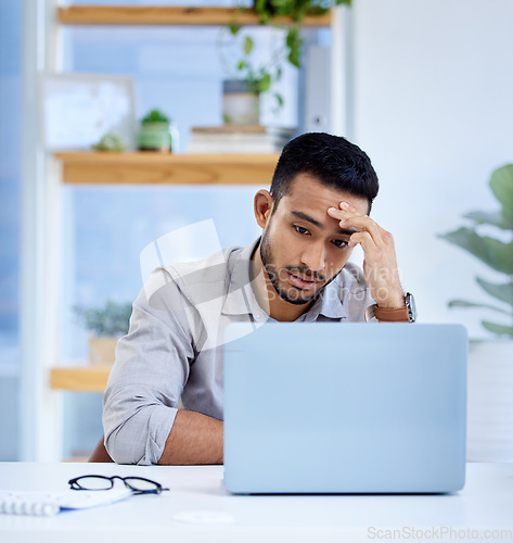 Image of Business, burnout and man with a headache, laptop and overworked with health problem, professional and error. Male person, employee or consultant with a pc, burnout and migraine with network glitch