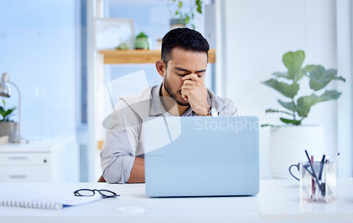 Image of Employee, stress and man with a headache, laptop and overworked with pain, mental health issue and professional. Male person, consultant or entrepreneur with a pc, burnout and migraine with fatigue