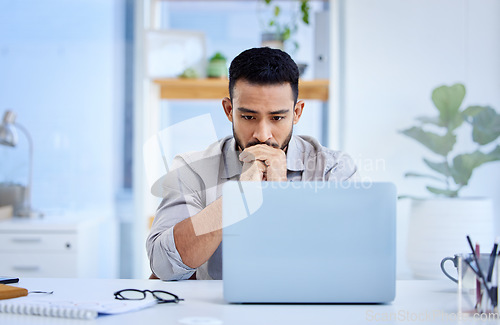 Image of Young business man, mistake and laptop with stress, 404 glitch and anxiety at web design job. Businessman, worry and frustrated with computer, thinking or problem solving with deadline in workplace