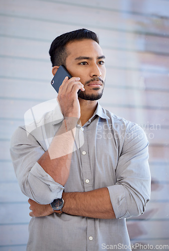 Image of Serious, phone call and Asian man with business, contact and connection with communication, talking and speaking. Male person, employee and entrepreneur with a smartphone, network and stern face