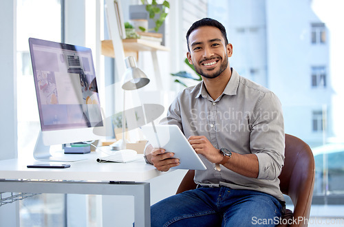 Image of Businessman, tablet and research with portrait in the office for online work at a company. Professional male, planning and device in a workplace with leadership with ideas on the internet with smile.