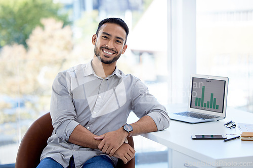 Image of Review data, portrait of businessman with laptop and sitting at his desk in a office at workplace. Networking or connectivity, management and happy male person with graphic charts on desktop