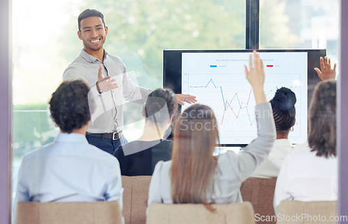 Image of Seminar, business people and hands raised with chart, question and financial data analysis for economy. Finance team, boss or speaker with graph, discussion and information with collaboration at job