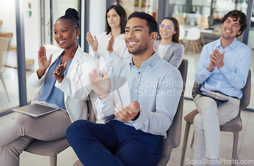 Image of Business people, meeting and applause for presentation, teamwork or collaboration at the office. Group of employees or audience clapping for team motivation, staff training or workshop at workplace