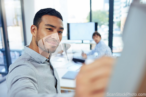 Image of Businessman, meeting and writing on whiteboard in presentation for project management or strategy at office. Man, coach or mentor training staff in team brainstorming, ideas or planning at workplace