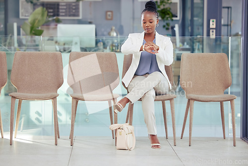 Image of Woman, waiting room and check watch for interview, meeting or time on chair for job, opportunity or appointment. Girl, recruitment or human resources with wristwatch, alarm or notification for work