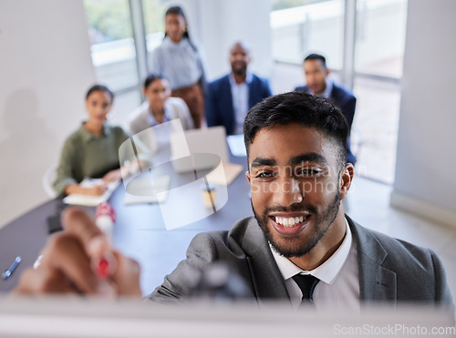 Image of Business, happy man and writing at whiteboard for presentation, meeting and planning collaboration. Seminar, brainstorming and face of male manager at board for training team in corporate workshop