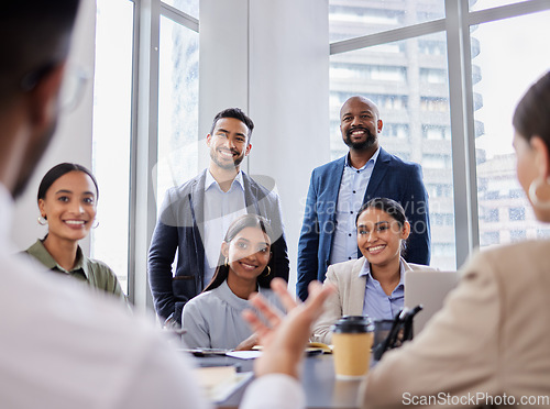 Image of Meeting, business and proposal, hand of speaker with audience in office for planning and strategy discussion. Businessman, ceo or startup boss, team building and workshop with feedback in workplace.