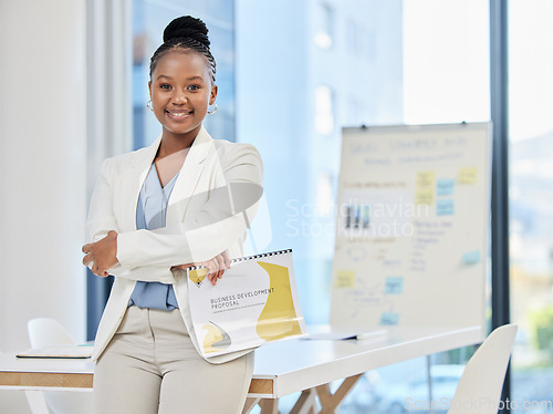 Image of Business, portrait and black woman with documents in office for proposal, development and planning. Face, leader and female ceo with file for review, startup and strategy, mission and our vision