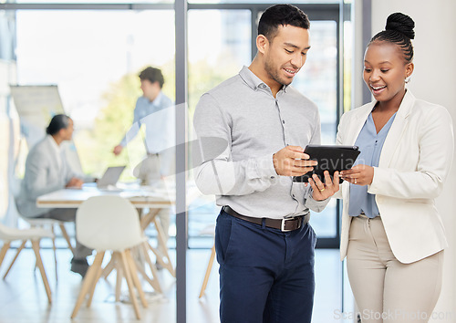 Image of Business meeting, digital tablet and people in office for creative, planning and collaboration. Project management, diversity and person team online for design, discussion and advice for proposal