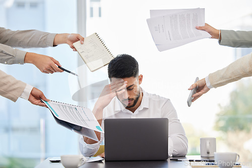 Image of Stress, headache and multitask with business man in office for deadline, burnout and overworked. Mental health, anxiety and tired with depressed male employee for frustrated, fatigue and crisis