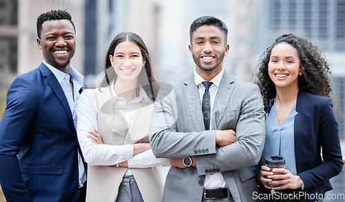 Image of Business people, city portrait and arms crossed outdoor with leadership and management success. Professional, team and group with a smile from company diversity and solidarity for corporate work