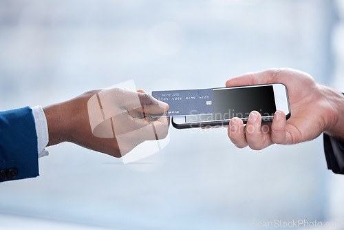 Image of Hands, credit card tap and phone payment, shopping and digital banking with mockup space. Smartphone, fintech and hand of people with finance, web sales or money transfer app of financial customer.