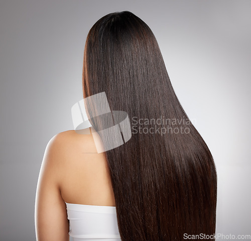 Image of Hair, back and woman with beauty and salon hairstyle, cosmetic care and elegance isolated on studio background. Female model with growth, shine and texture with Brazilian or keratin treatment