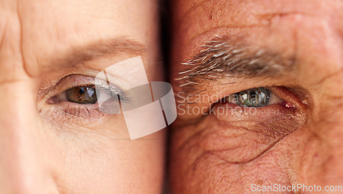 Image of Face, eyes and closeup of old couple with wrinkles on skin for natural aging process in retirement. Portrait, elderly man and senior woman looking with vision, nostalgia or perception of grandparents