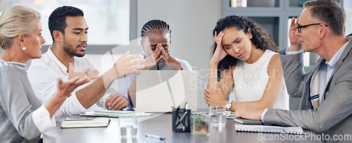 Image of Business people, group and meeting with stress, office or negotiation for problem solving, frustrated or fail. Businessman, women and talk for solution, strategy or plan with anger, mistake or risk