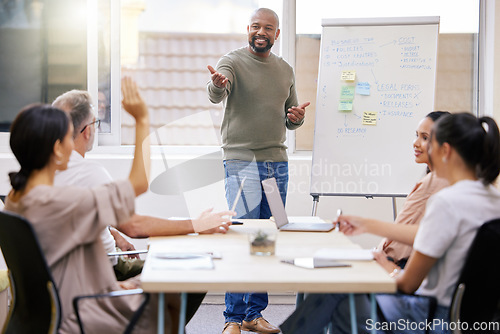 Image of Group, speaker and man with a presentation, feedback and question with growth, mentor and coaching. Male person, leader and staff in a workshop, meeting or company development with planning or review