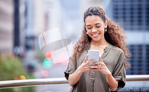 Image of Phone, happy and business woman in city for social media, networking or communication. Technology, connection and internet with female employee browsing online in outdoor for contact and mockup space