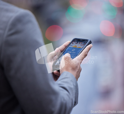 Image of Phone screen, website and hands of business man in city for search, social media or networking. Technology, internet and communication with closeup of male employee for mobile, contact and connection