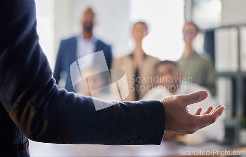 Image of Speaker, presentation and hand of person in business meeting for planning, conference and workshop. Strategy, leadership and mentor with closeup of employee for collaboration, coaching and training