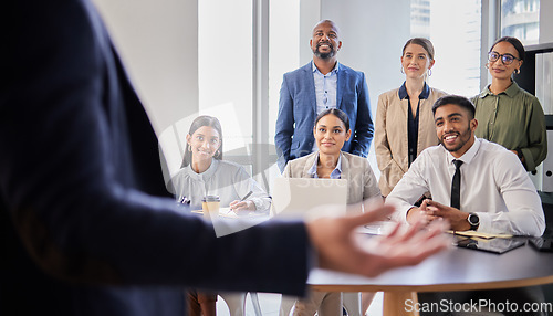 Image of Speaker, presentation and business people in meeting for planning, conference and workshop. Strategy, leadership and mentor with group of employees in office for collaboration, coaching and training