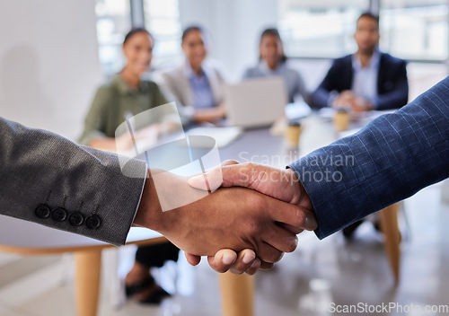 Image of Meeting, b2b and shaking hands with business people in office for deal, agreement or startup opportunity. Hand shake, partnership and welcome, businessman shaking hands for onboarding or networking.
